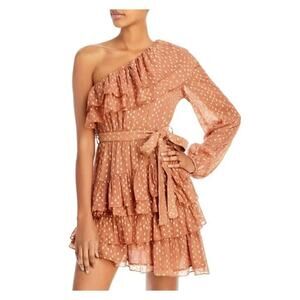 Rococo Sand Aine One Shoulder Mini Chiffon Ruffle Dress Tan Gold Small